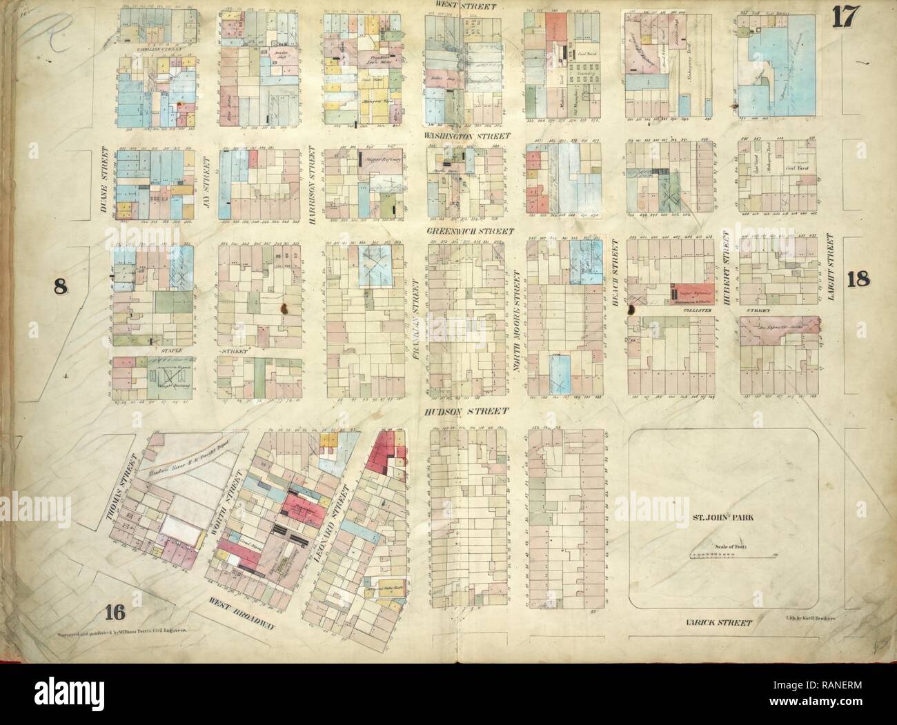 Platte17: Karte von West Street, die Laight Street, Varick Street, West Broadway, Thomas Street begrenzt, Duane Street neuerfundene Stockfoto
