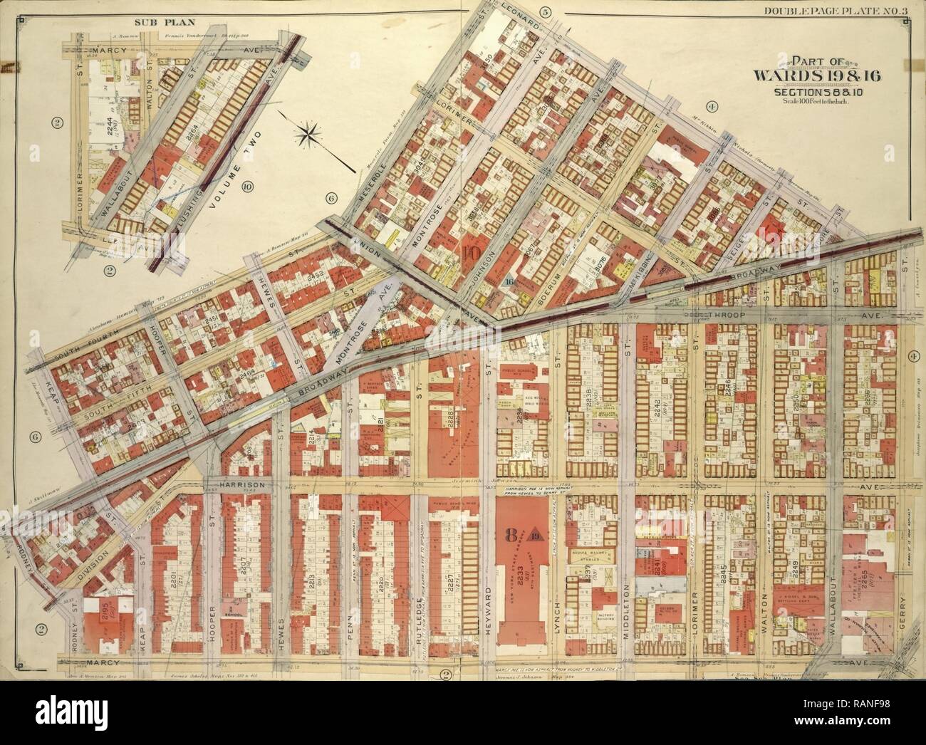 Brooklyn, Bd. 3, Seite Platte Nr. 3, Teil der Stationen 19 und 16, Abschnitt 8&10, Karte von Leonard St. begrenzt, Gerry neuerfundene Stockfoto