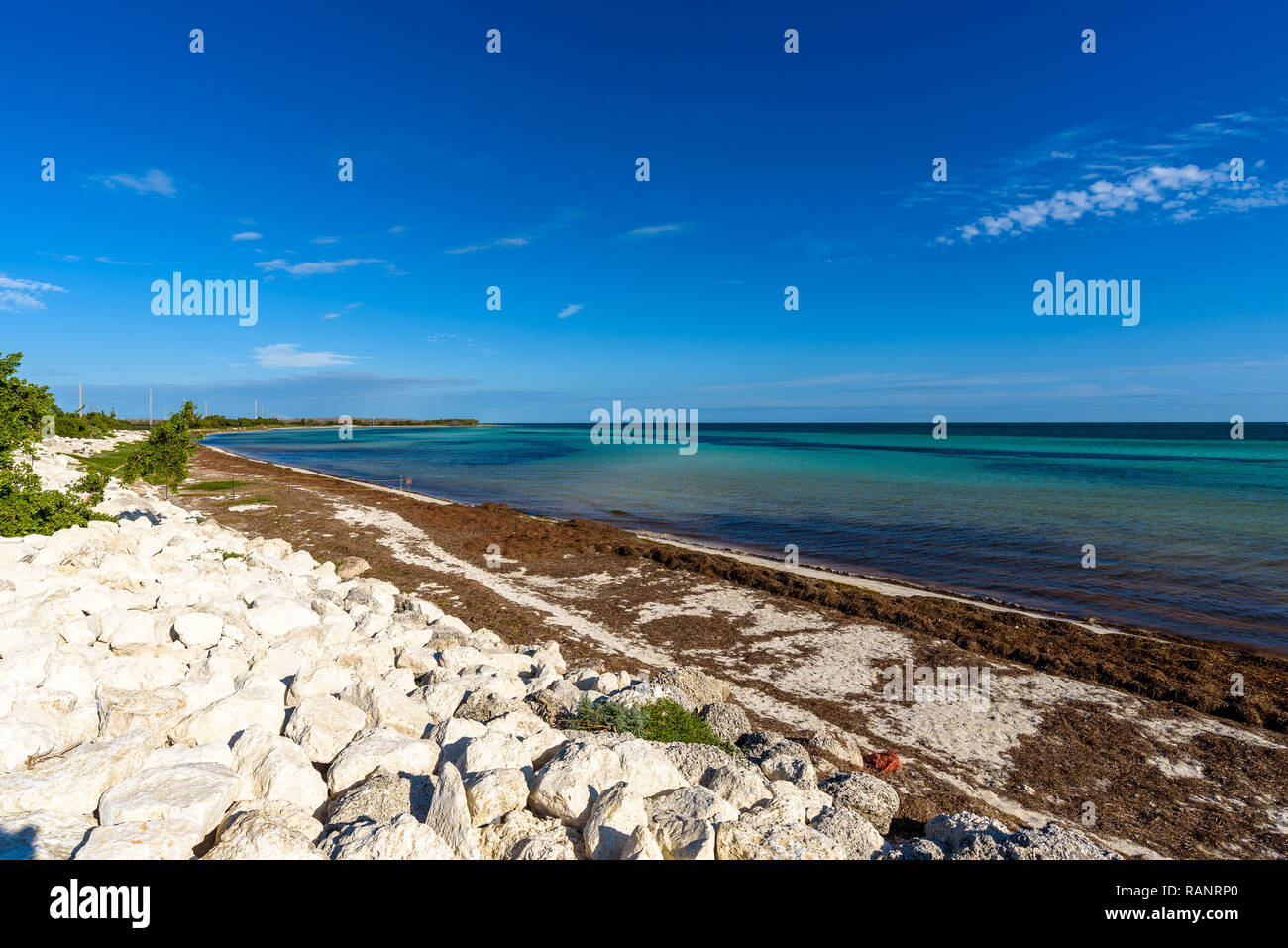 Schönen weißen Sandstrand und das kristallklare, türkisfarbene Meer Wasser und blauer Himmel. Panoramablick auf die Landschaft der Bahia Honda State Park, Florida Keys, USA Stockfoto