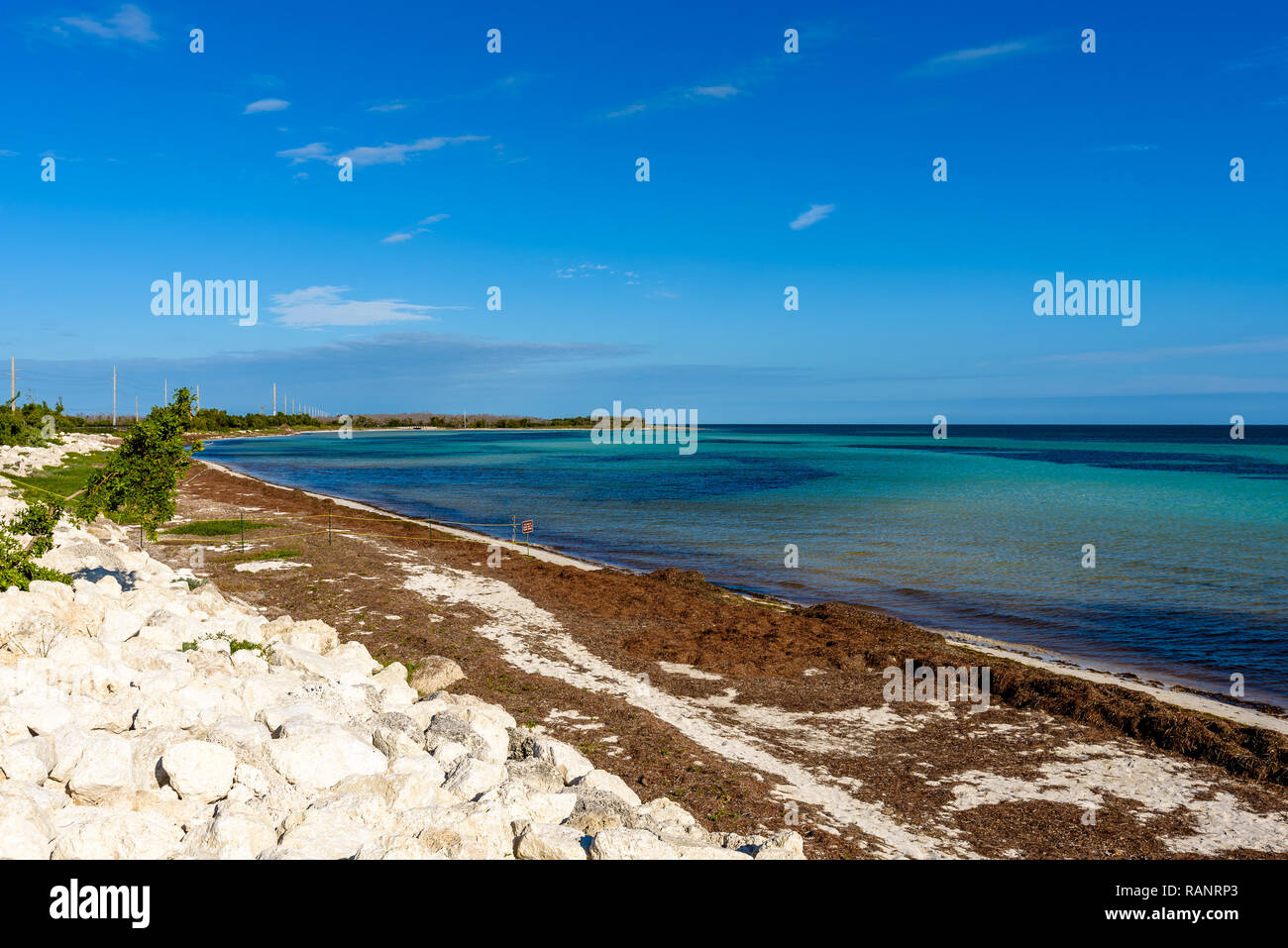 Schönen weißen Sandstrand und das kristallklare, türkisfarbene Meer Wasser und blauer Himmel. Panoramablick auf die Landschaft der Bahia Honda State Park, Florida Keys, USA Stockfoto