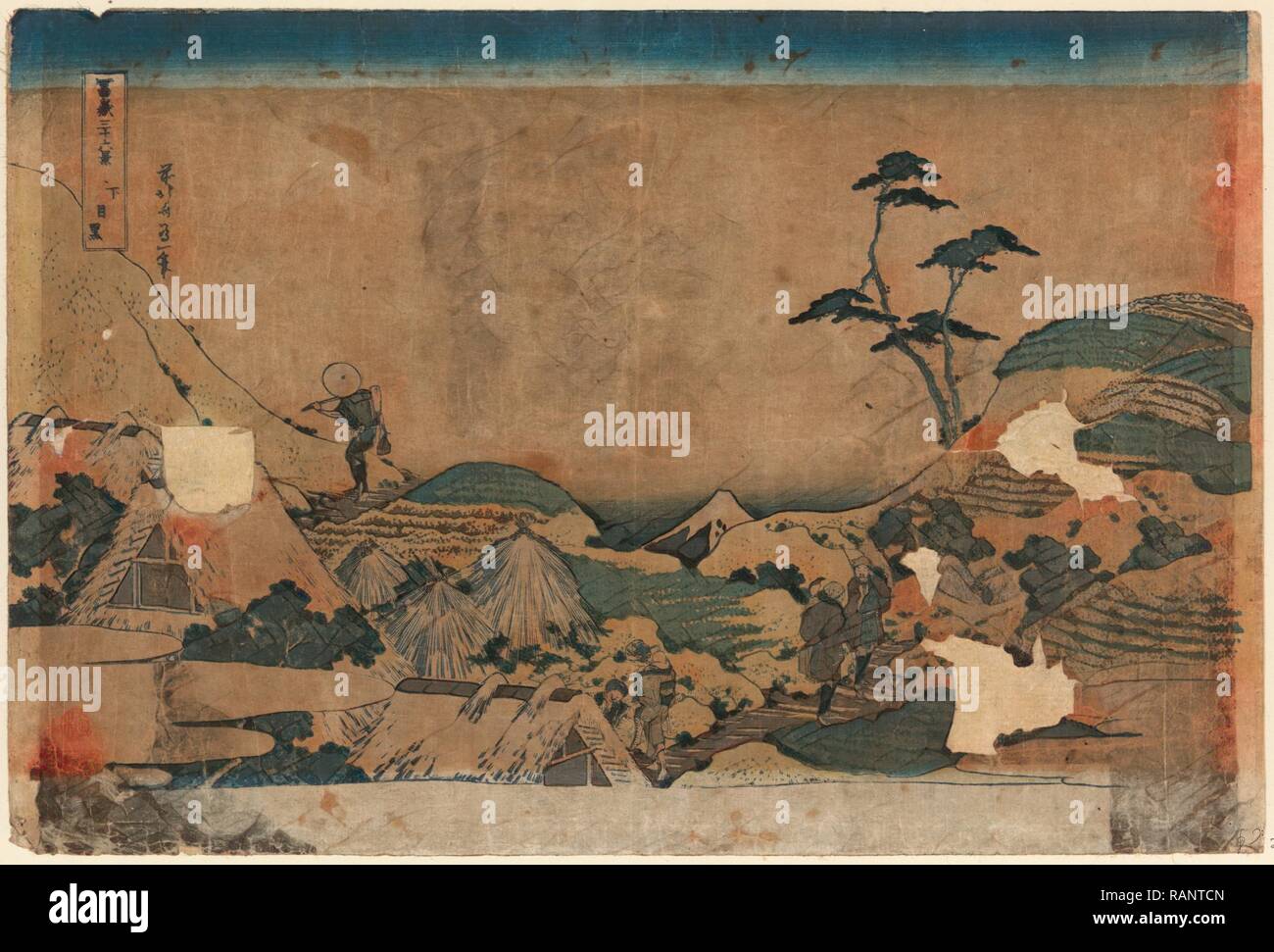 Shimo-Meguro, untere Meguro. [1832 oder 1833], 1 Drucken: Holzschnitt, Farbe, 25,9 X 38,2, Drucken zeigt, Dächer, Pilger auf Neuerfundene Stockfoto