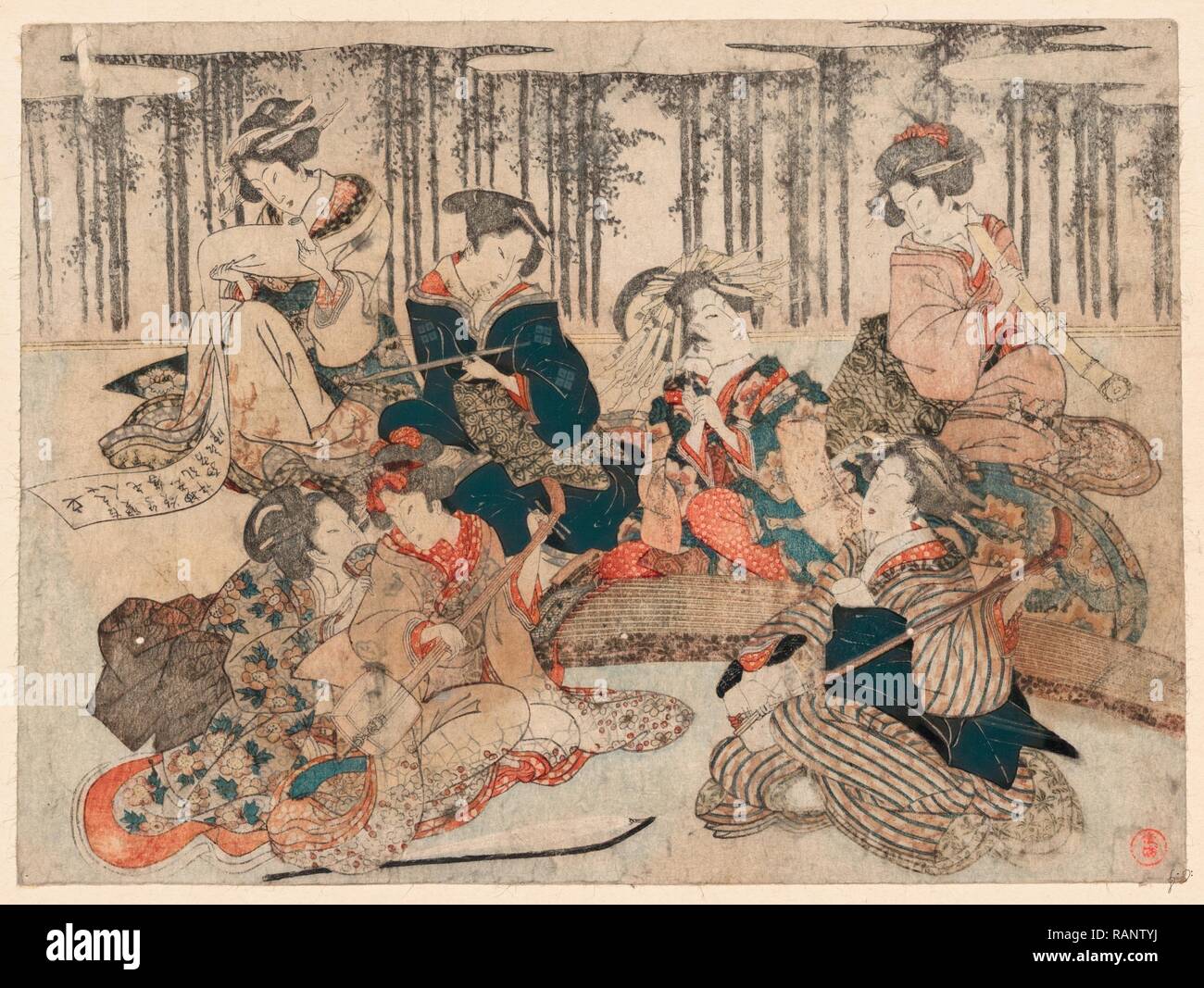 Chikurin keine Kabe keine Mae keine Shichikenjin, sieben Leute vor einem Bambus Zaun. [180], 1 Drucken: Holzschnitt, Farbe, 20,2 x Neuerfundene Stockfoto