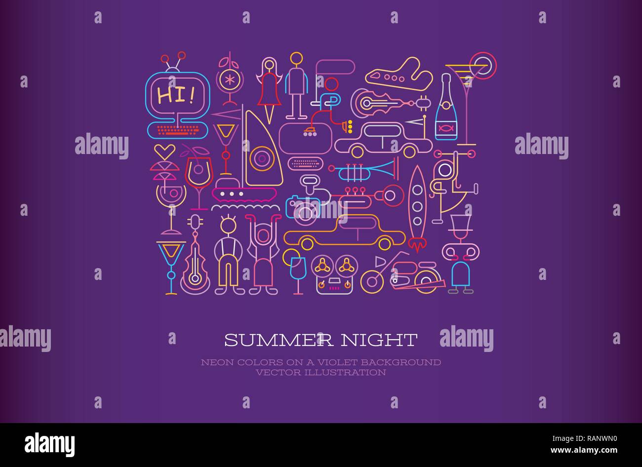 Lebendige Neon Farben auf dunklem Violett Hintergrund Sommer Nacht Vector Illustration, Poster Design. Stock Vektor