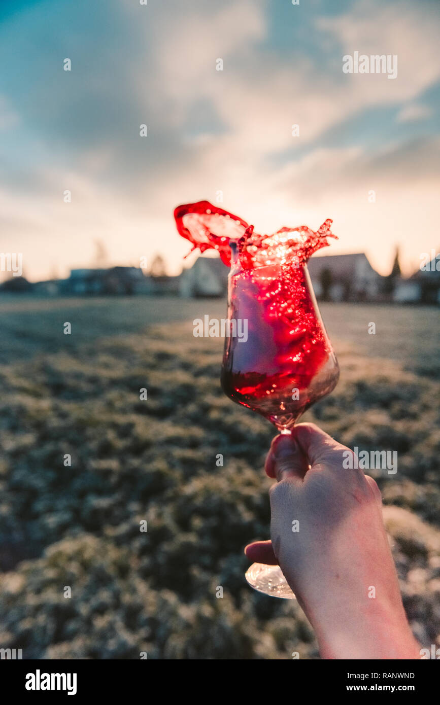 Point-of-View-Shot aus einer Hand mit einem Glas Rotwein in die Sonne Stockfoto