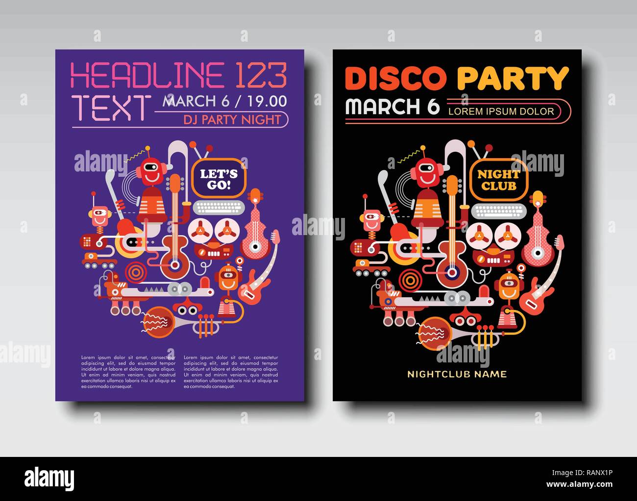 Zwei Möglichkeiten der Disco Party Poster mock up, Flyer Design, Größe A4. Lustig DJ Roboter Spielen von Musikinstrumenten. Stock Vektor