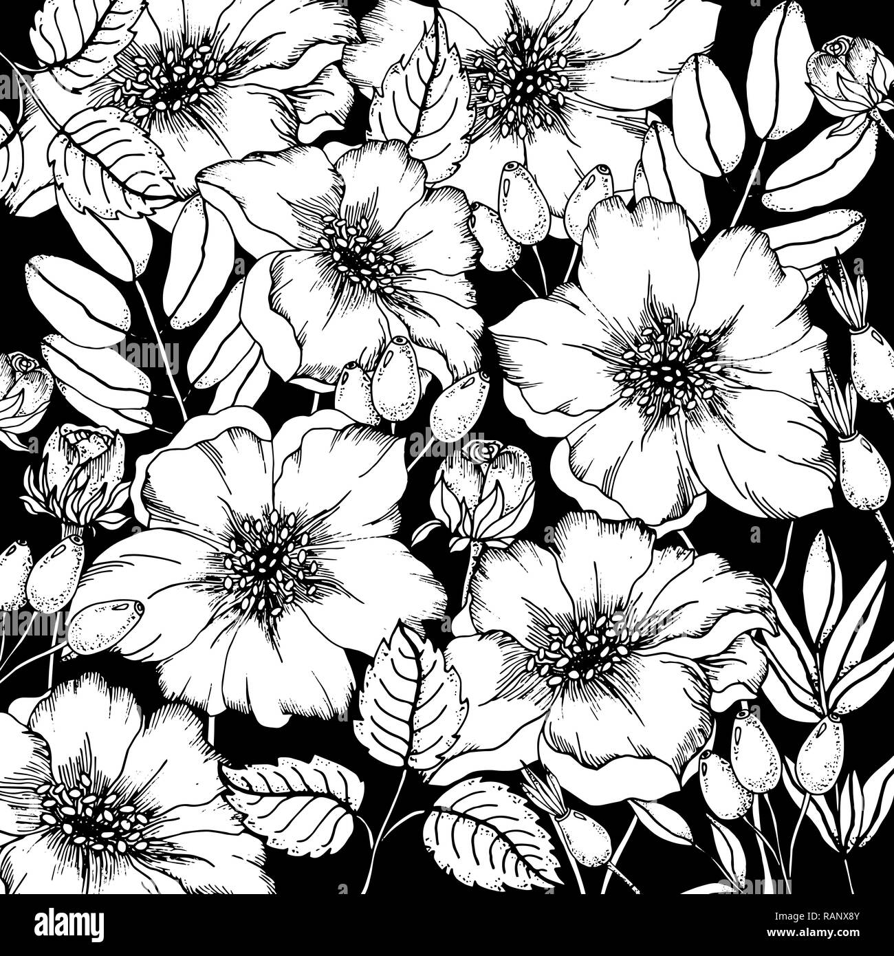 Doodle blumen Hund - rose Hintergrund in Vektor mit doodles schwarze und weiße Färbung. Vektor ethnische Muster kann für Tapeten verwendet werden, musterfüllungen Stock Vektor