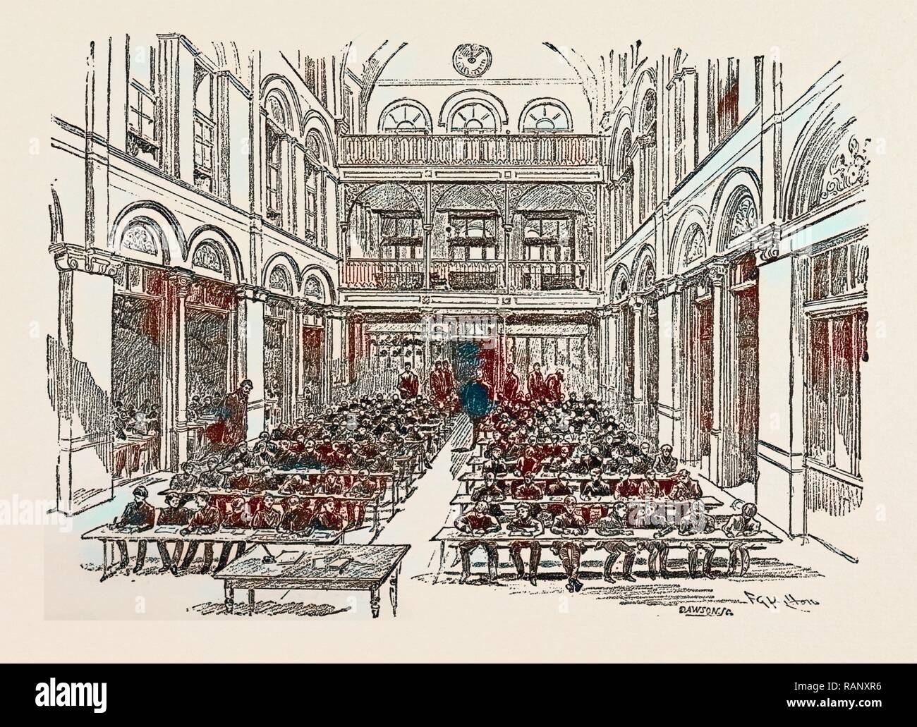 Aula DER JUDEN FREIE SCHULE, BELL Lane, London 1889. Neuerfundene durch Gibon. Klassische Kunst mit einem modernen Touch neuerfundene Stockfoto