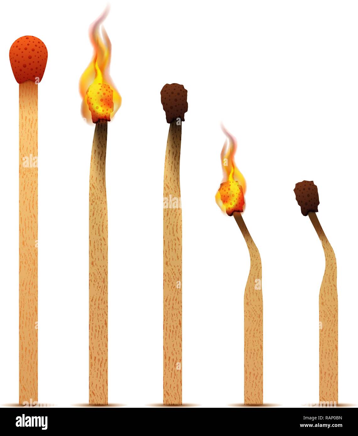 Realistische spiele mit dem Feuer flammen auf verschiedenen Stufen brennen Stock Vektor