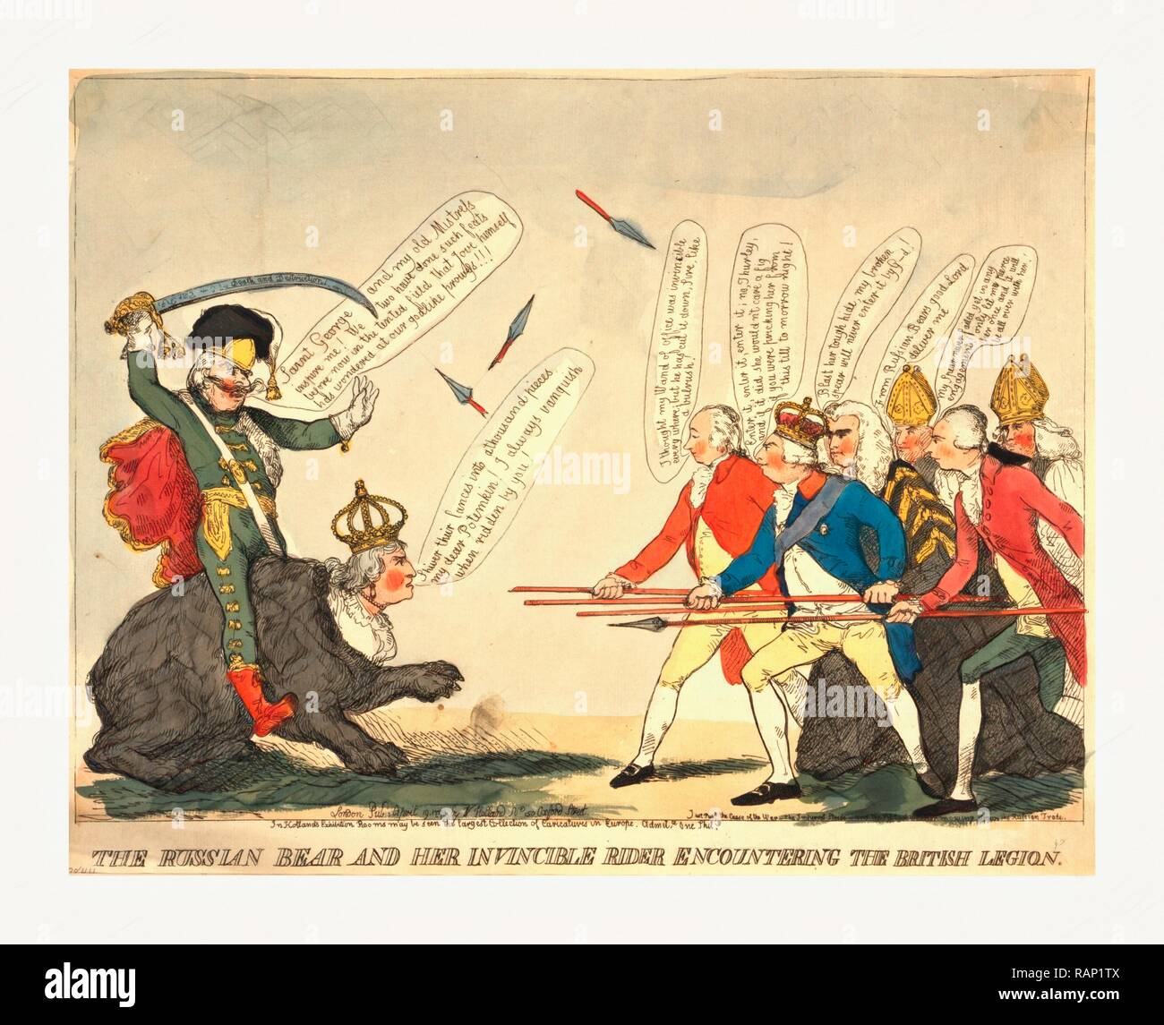 Der russische Bär und Ihr unbesiegbar rider Begegnung mit dem British Legion, Gravur 1791, Potemkin, mit Schwert neuerfundene Stockfoto