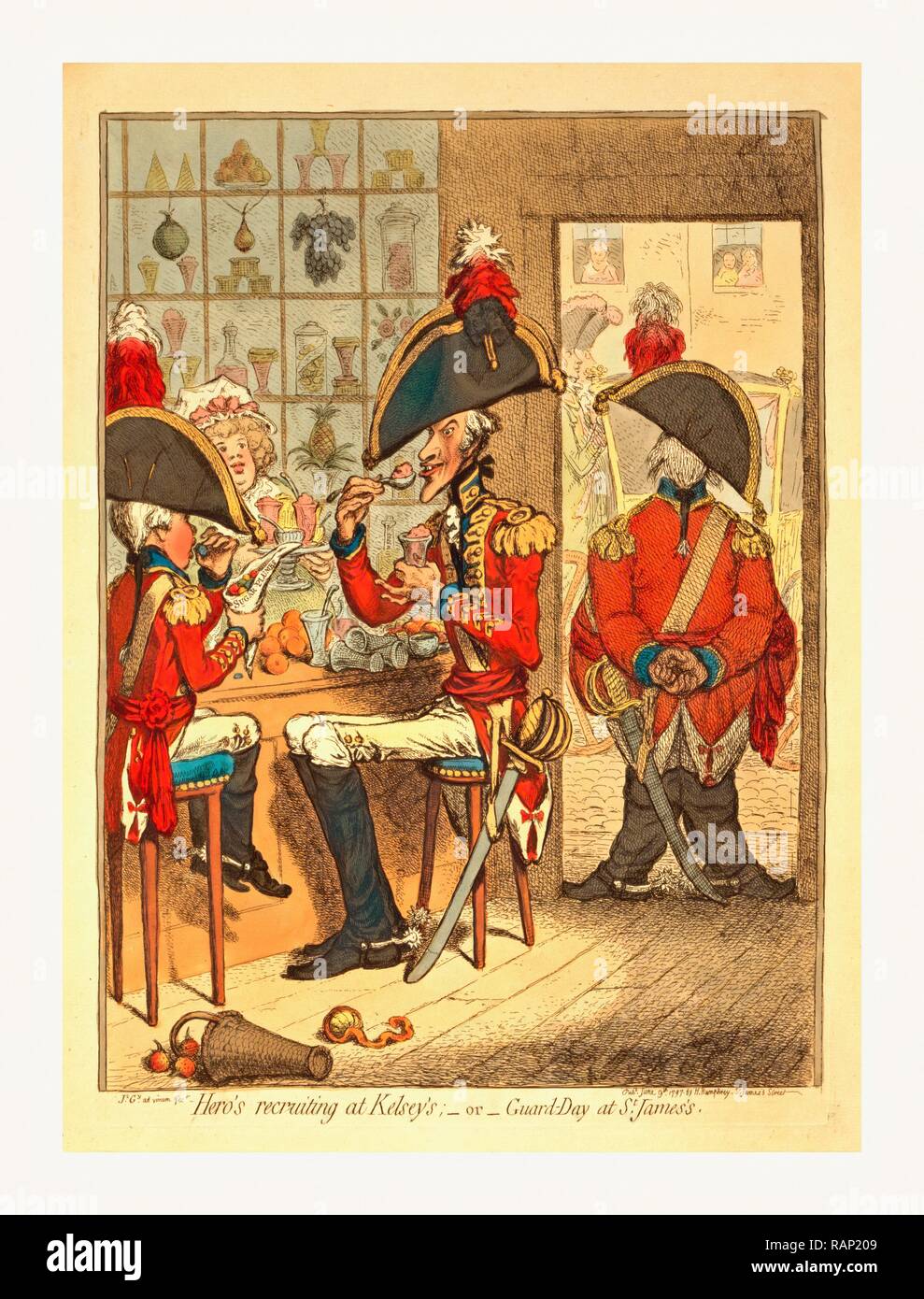Hero Recruiting bei Kelsey oder Guard Tag am St. James's, Gillray, James, 1756-1815, Stecher, London, Gravur neuerfundene Stockfoto