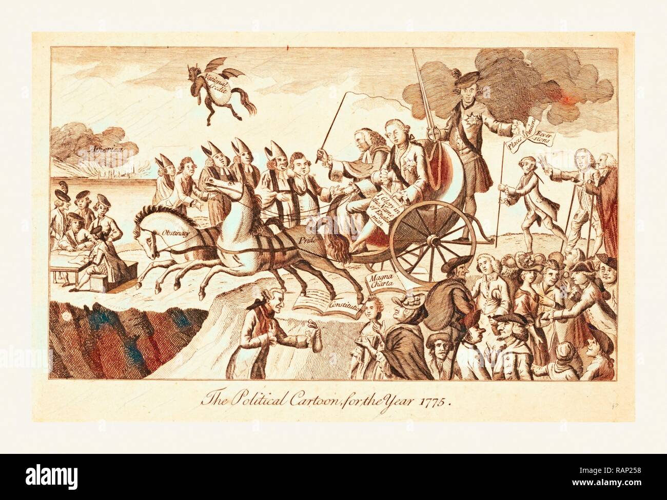 Die politische Karikatur für das Jahr 1775, en sanguine Gravur zeigt George III und Herr Mansfield, auf einer offenen sitzt Neuerfundene Stockfoto