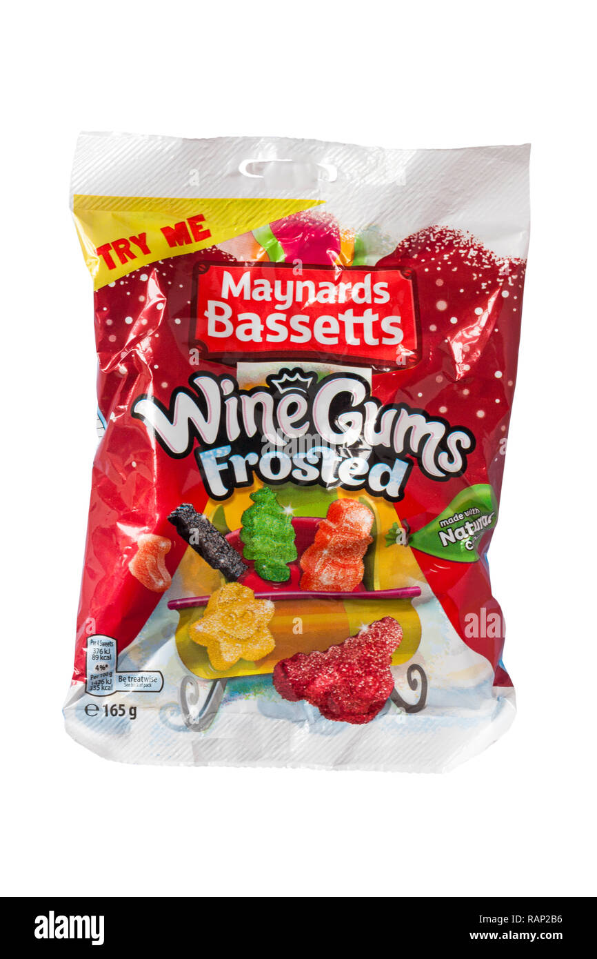 Paket von maynards Bassetts Weingummis Frosted Süßigkeiten isoliert auf weißem Hintergrund - fruchtgeschmack Gummis mit einem Zucker Beschichtung Stockfoto