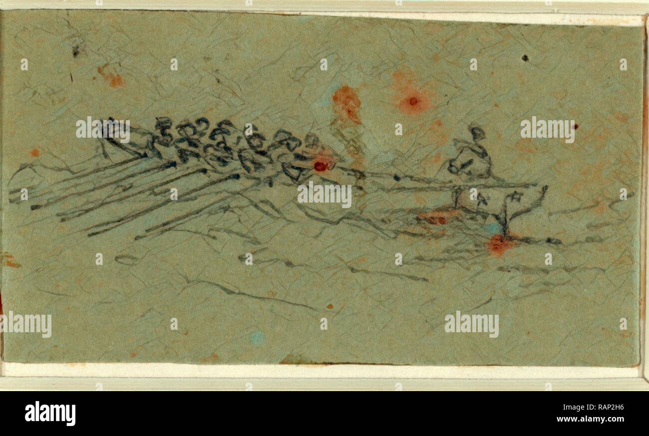 Longboat, zwischen 1860 und 1865, Zeichnung auf Papier, Bleistift, 3,1 x 5,8 cm. (Blatt), 1862-1865, von Alfred R Waud neuerfundene Stockfoto