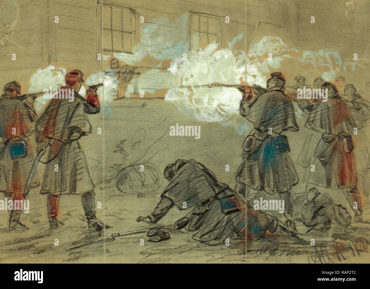 Blutiger Kampf an Occoquan, Va, 1862 Januar 29, Zeichnung auf Papier, Bleistift und Chinesische Weiße, 18,0 x 25,9 cm. (Neuerfundene Stockfoto