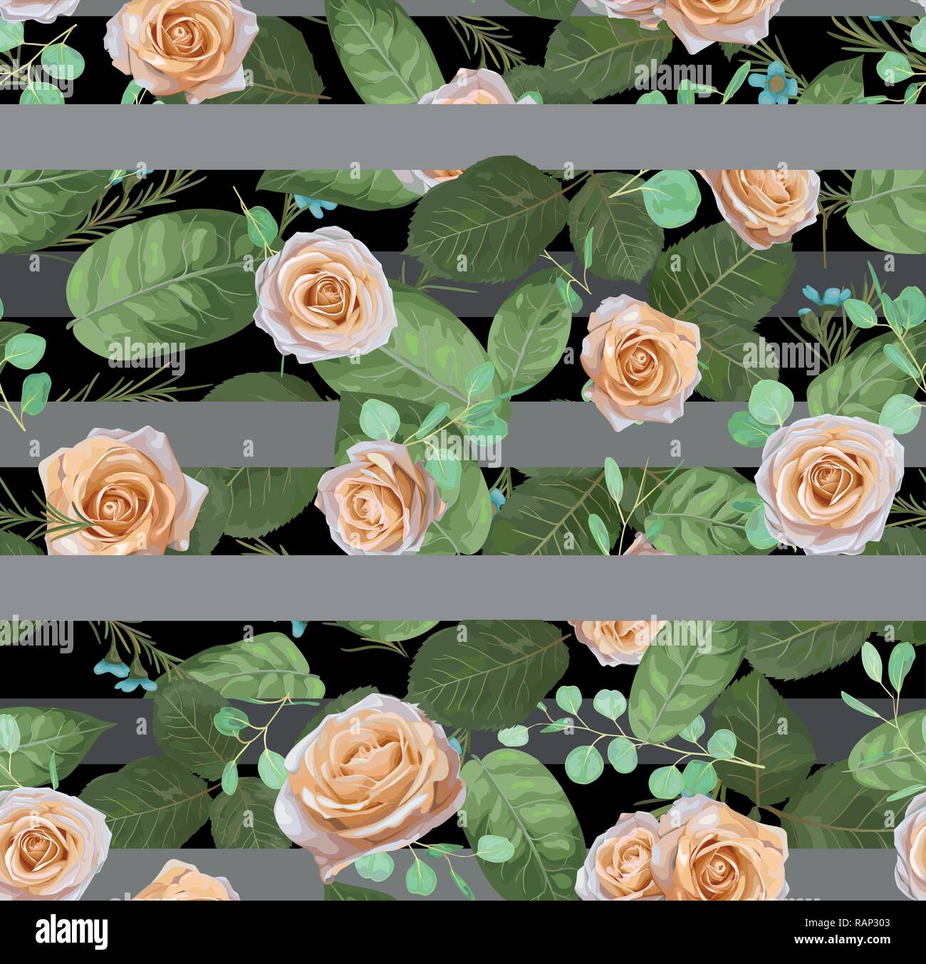 Nahtlose Muster Vektor Blumen Aquarell Design: Garten Rosen Creme, wachs Blume silber Eukalyptus. Rustikale Hintergrund abgestreift Grau blass Drucken Stock Vektor
