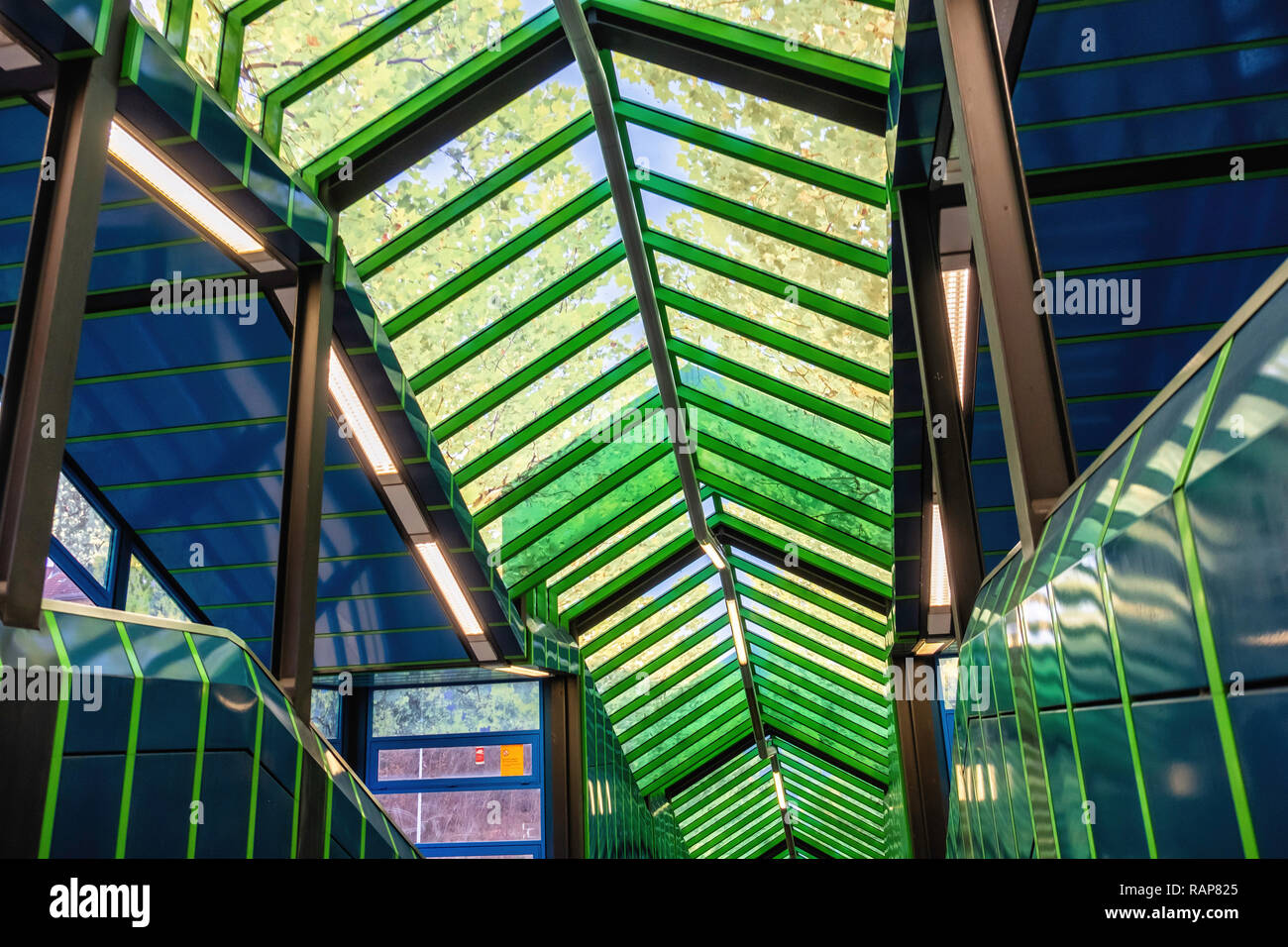 Hermannstraße S-Bahn Staion Interior Detail, gläserne Decke mit blauem Himmel und Bäume Lackierung - Neukölln, Berlin Stockfoto