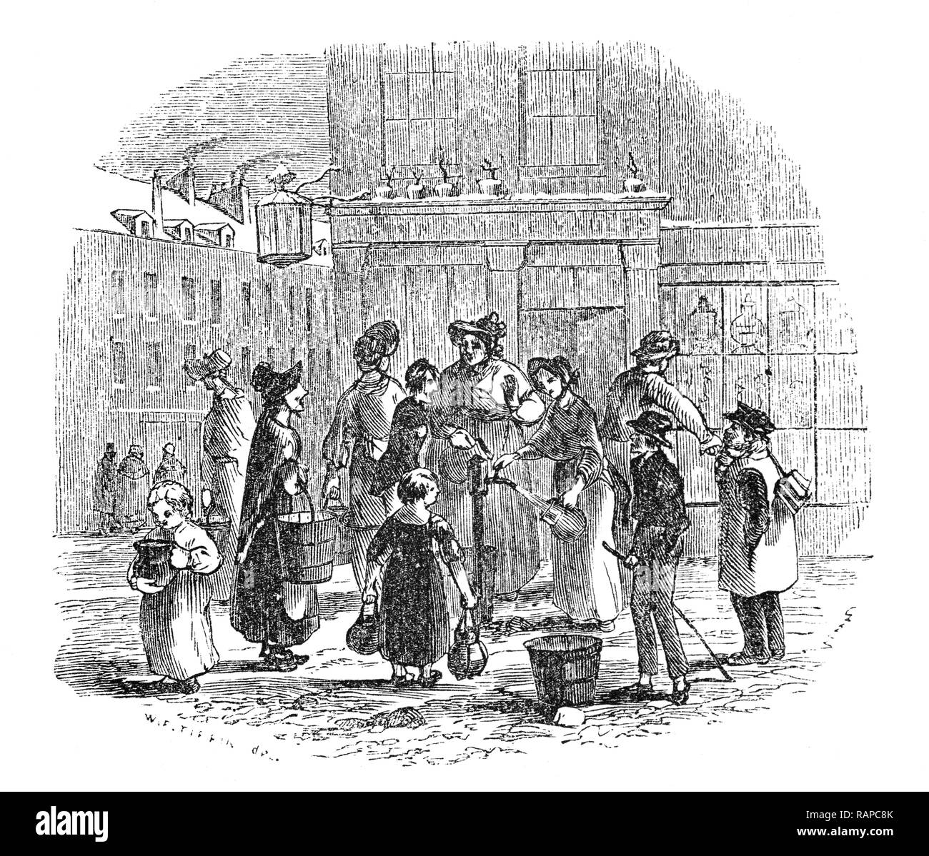 17. Jahrhunderts in London und eine 'plug in einem Frost' verwendet, wenn die Rohre und Zisternen in Wohnungen eingefroren wurden, um die sich Frauen versammelt, um die Wasserversorgung und einen Chat zu ergänzen. Stockfoto
