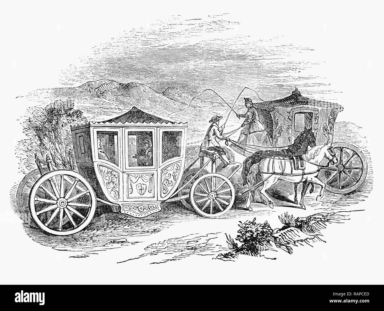 Coaching während der Regierungszeit von König Charles II ist im Allgemeinen gedacht, um 1660 begonnen zu haben und dauerte bis in die späten 1840er Jahre, als der letzte Passagier - Durchführung von Postkutschen und Bühne Dienstleistungen eingestellt wurden, wie das Alter von Dampf Reise angekommen. Obwohl mehrere wichtige Routen von London in Großbritannien während der Herrschaft von Karl II. gegründet wurden, den Zustand der Straßen bedeutete, dass Bus immer nur durchgeführt, wenn dies absolut notwendig ist. Stockfoto