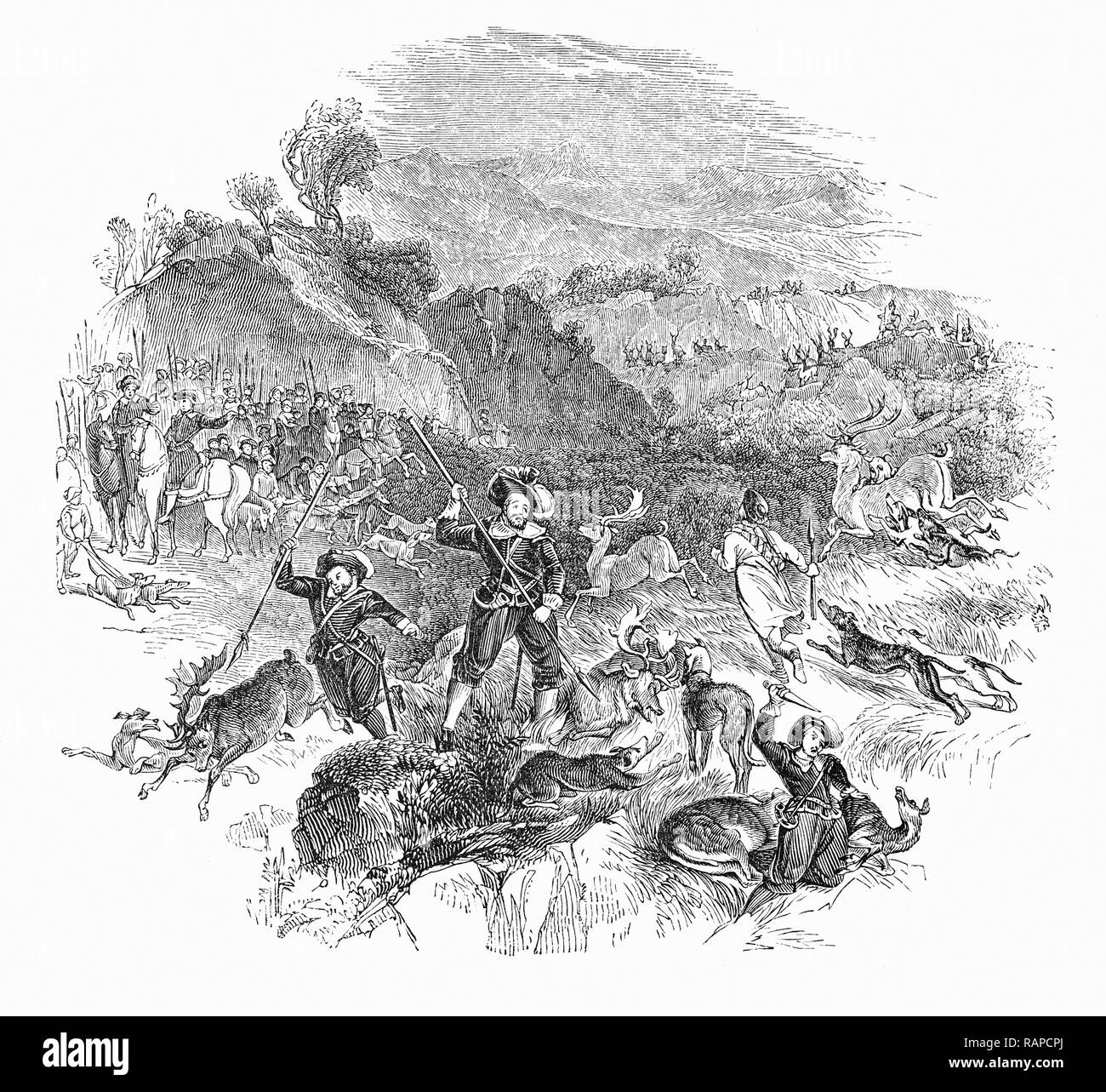 Die Tinkhell... eine Abbildung aus dem 17. Jahrhundert Sonett von Taylor's das Wasser Dichter Taylor Sonnet, die die Jagd und Tötung der Hirsche in der schottischen Highland Braes von Jan... "Durch Heather, Mose, bin ongst Frösche und Mooren, und Nebel, bin ongst craggy cliffes, und Donner zerschlagene Hügel, Hasen, Hirsche, Rehe, die von Menschen und Hunden gejagt werden..." Stockfoto