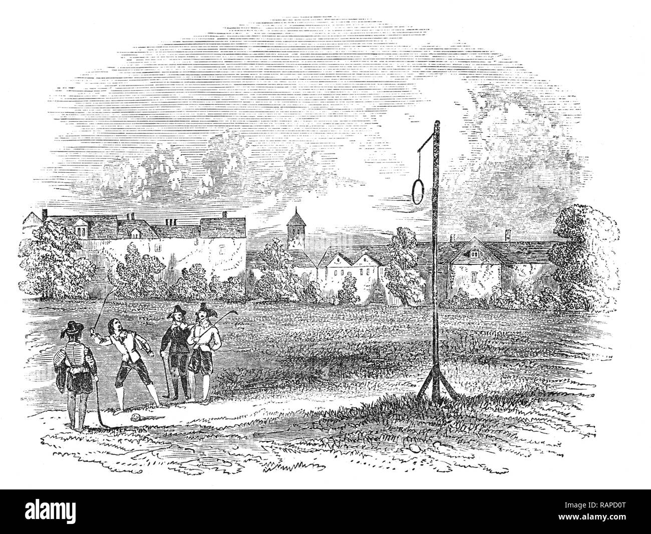 Pall-Mall, ein Rasen Spiel, das vor allem im 16. und 17. Jahrhunderts gespielt wurde, in der St James' Park in London, England gespielt wird. Der Vorläufer zu Krocket, die Pall Mall Hof wurde im Jahre 1630 von einem Franzosen namens John Bonnealle. Im folgenden Jahr ein Haus auf dem Land gebaut wurde, sondern von lichtmess Tag, 1632 abgerissen. Die Pall-mall Gericht wurde am Standort und der Samuel Pepys Eintrag in seinem Tagebuch für den 2. April 1661 Datensätze, ging er in die St. James's Park, wo ich den Herzog von York spielen bei Pelemele, das erste Mal, dass ich überhaupt die Sport' sah, sah wieder aufgebaut. Stockfoto