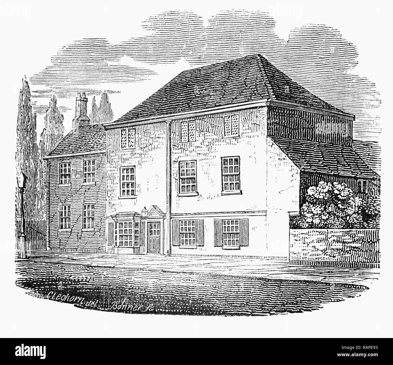 Durch die Anfang des 17. Jahrhunderts Upper Street, Islington, London, England hatte ein Besprühen der Häuser der Herren und der Handwerker Cottages. Aber bevor das Jahrhundert war der Adel begonnen hatte abzuweichen und mehrere ihrer Häuser wurden zu Inns umgewandelt. Die interessantesten Wirtshaus im alten Islington wurde die alte 'Queen's Head", an der Ecke von Queen's Kopf Lane. Tradition hatte lange das Haus mit den Namen von Sir Walter Raleigh verbunden, obwohl ohne ausreichenden Grund. Stockfoto