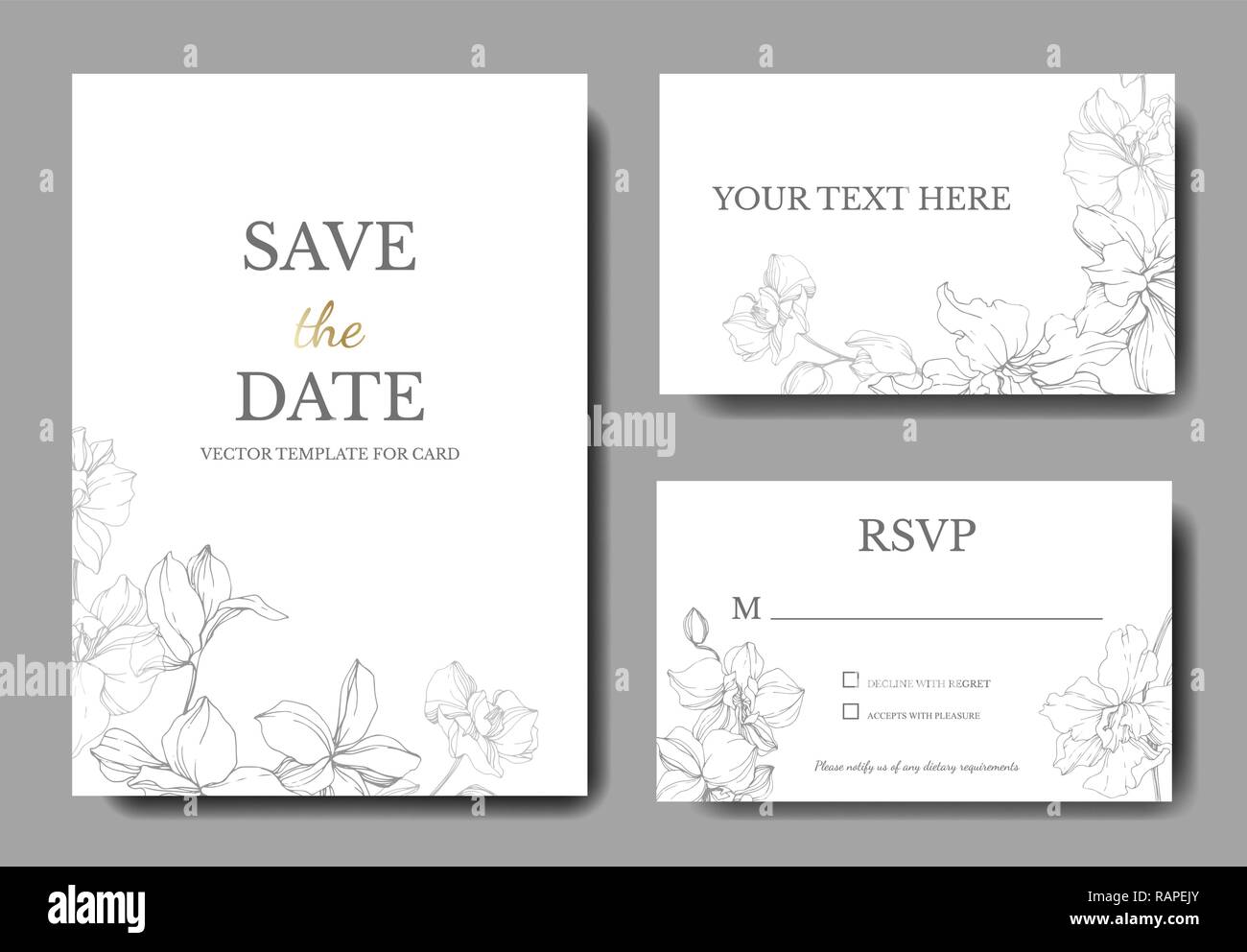 Vektor. Orchid botanischen Blume. Grau und Weiß eingraviert Tinte Art Hochzeit hintergrund Karte Blumen dekorativ Grenze. Danke, Rsvp, Einladung elegan Stock Vektor