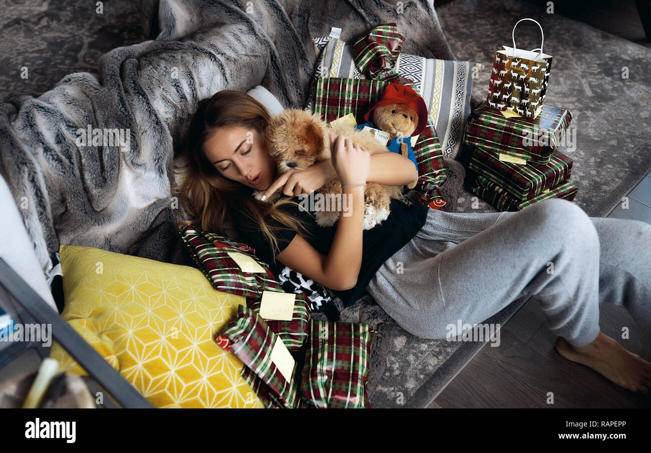 Junge hübsche Dame spielen mit ihren kleinen Welpen auf einem grauen Couch. Gemütliche Atmosphäre, eine Menge weichen Kissen. Red curly doggy mit kleinen schwarzen Nase. Stockfoto
