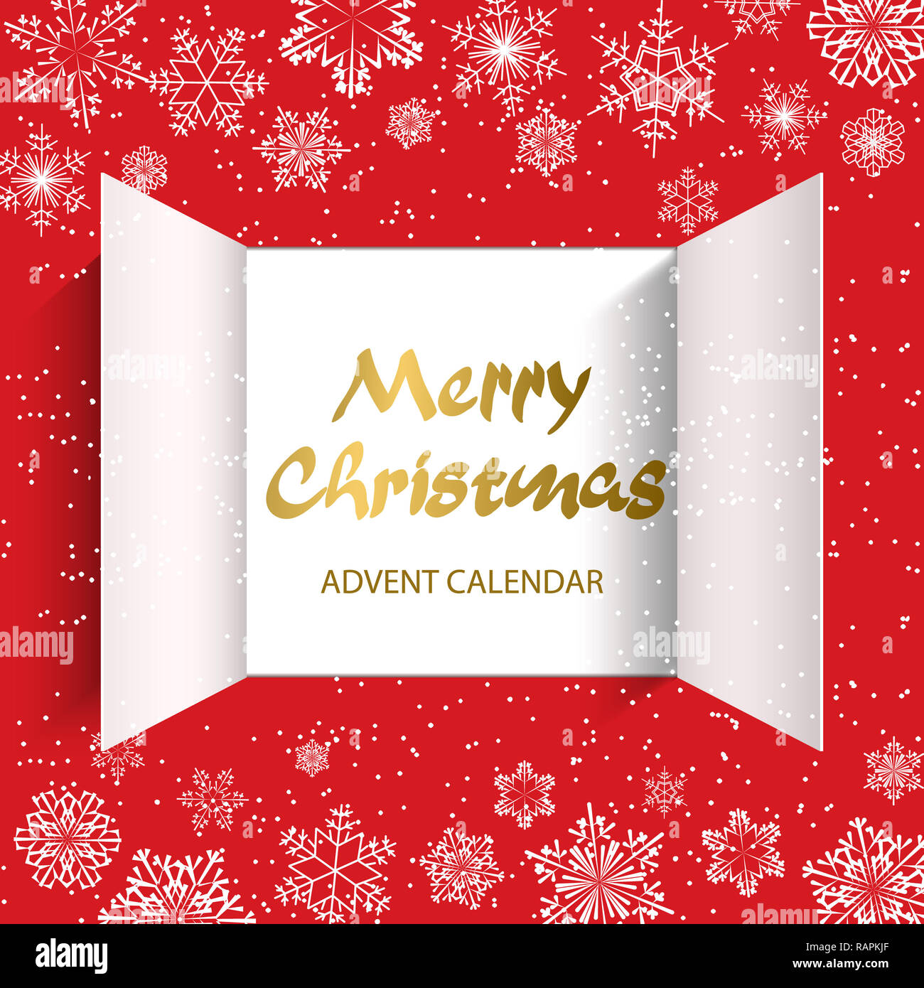 Weihnachten Adventskalender Türen öffnen und goldenen Buchstaben. Weiße  Schneeflocken auf einem roten Hintergrund. Vector Illustration  Stockfotografie - Alamy