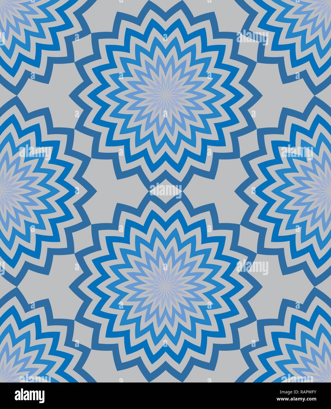 Runder, blauer Zick-Zack-Linien Blüten mit einem wunderschön gemusterten gestreiften Blütenblätter Muster. Nahtlose floral vector Hintergrund Stock Vektor