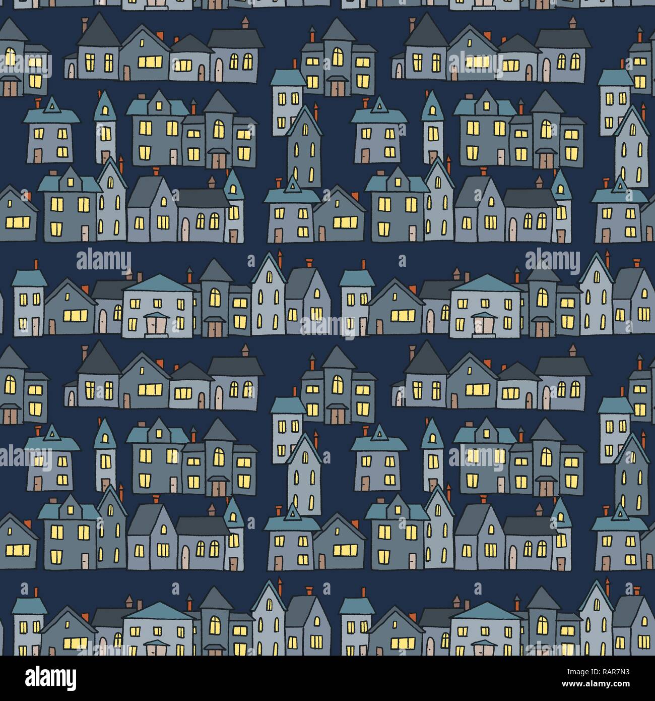Nahtlose Nacht Stadt Vektor - Dorf textile Muster Abbildung. Stock Vektor
