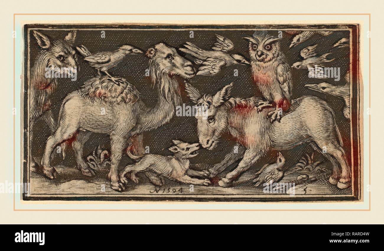 Nicolaes de Bruyn (Flämisch, 1565-1571-1656), die Eule auf der Rückseite der Esel, Vogel auf der Rückseite des Kamels mit anderen Tieren neuerfundene Stockfoto