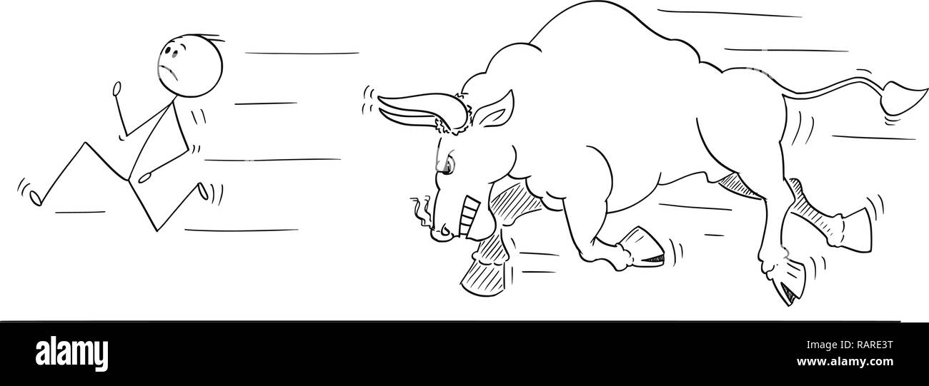 Cartoon von Mann oder Geschäftsmann Laufen weg von wütenden Stier Stock Vektor