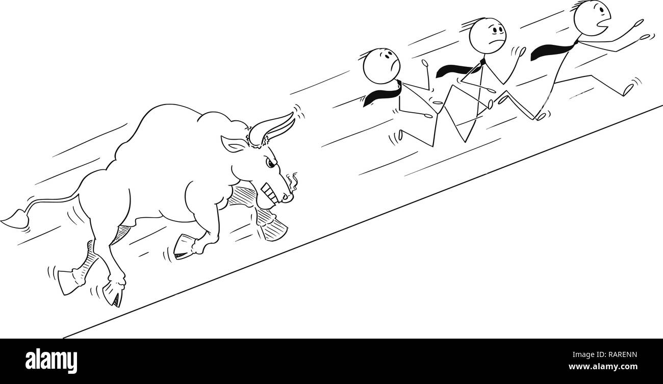 Cartoon von Gruppe von Geschäftsleuten bergauf laufen weg von wütenden Stier als Steigende Marktpreise Symbol Stock Vektor
