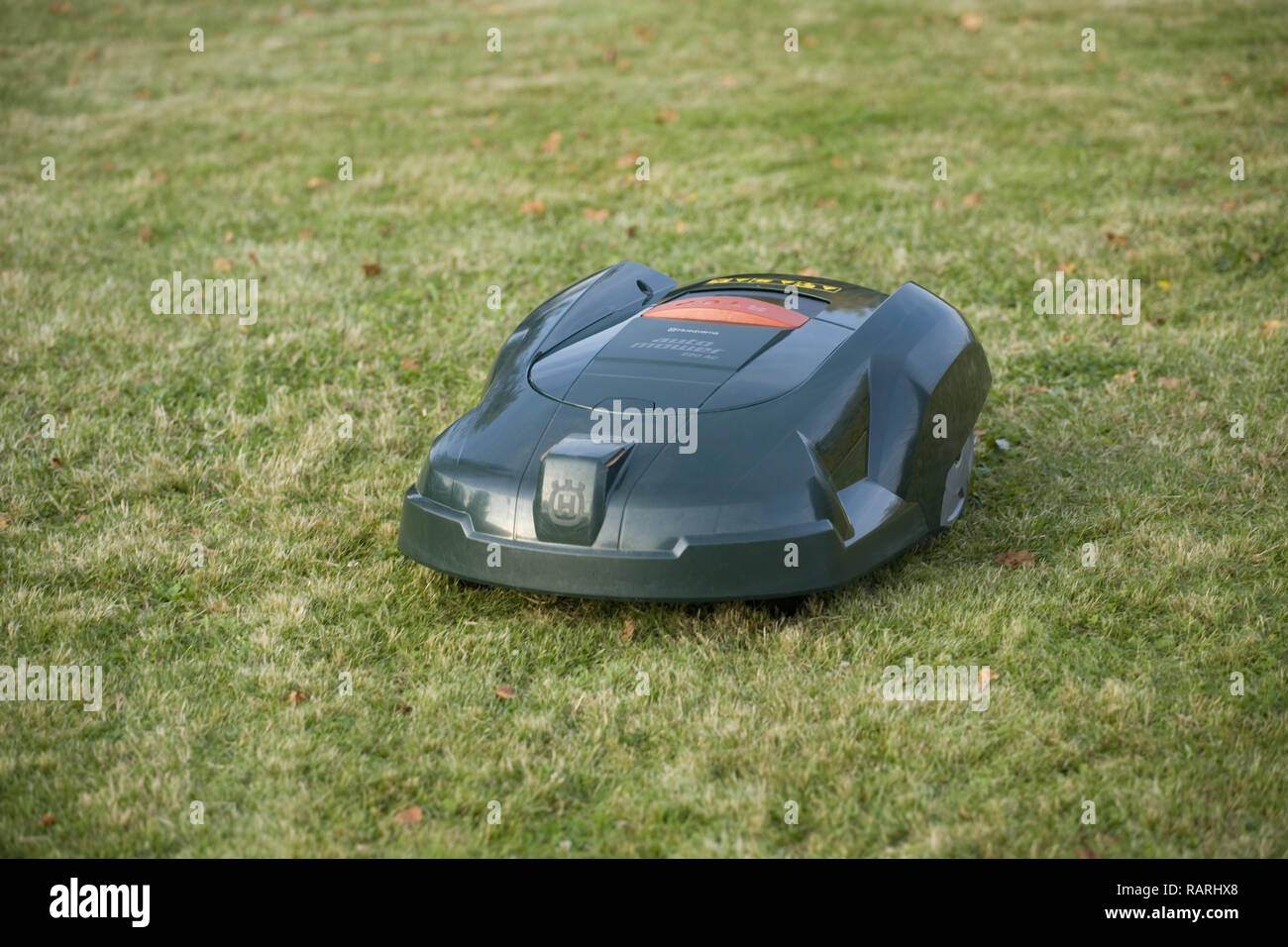 Automatische Roboter Rasenmäher Schneiden von Gras und vom Th gesehen, oben vorn Stockfoto