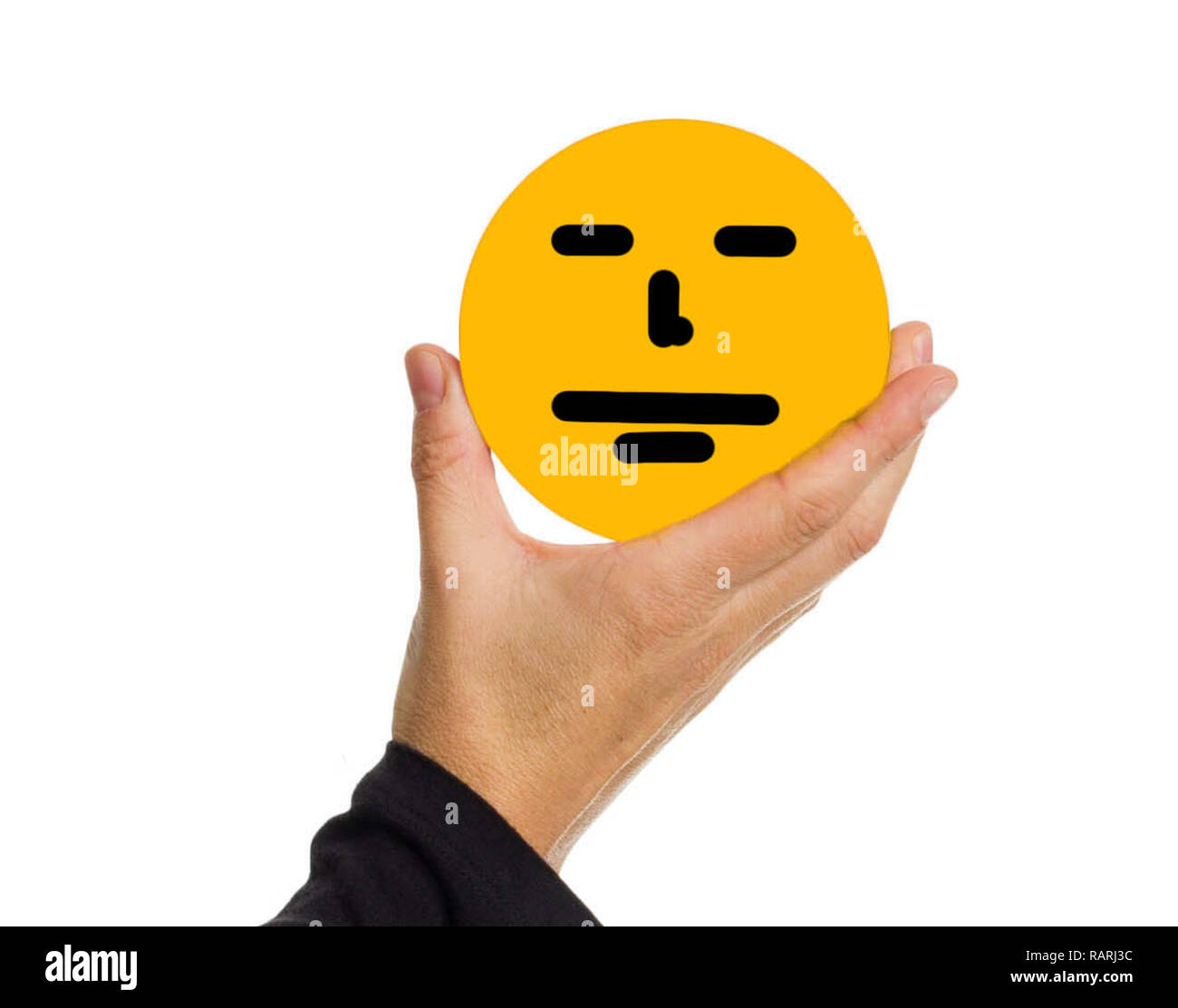 Hand mit einem gelben Kreis mit Gesichtsausdruck neutral Abbildung. Stockfoto