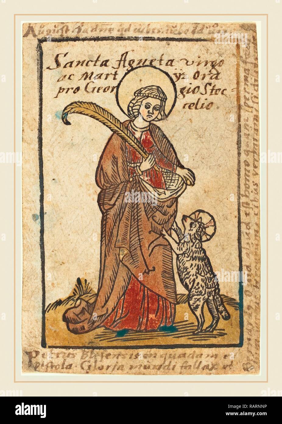 Deutsche aus dem 15. Jahrhundert, die hl. Agnes, C. 1490, Hand - farbige Holzschnitt mit Manuskript Inschriften. Neuerfundene Stockfoto