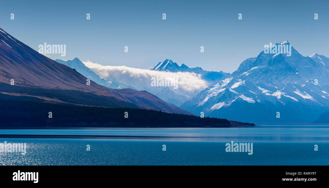 Ein Blick auf Mt. Cook am Tekapo See in Neuseeland Stockfoto