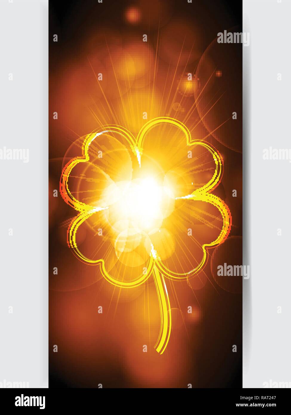 Vertikale golden leuchtenden Panel mit fluoreszierenden Neon Lucky Shamrock auf weißem Hintergrund Stock Vektor