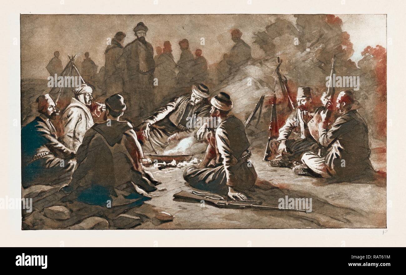 Die erste türkische REGIMENT ZU GEBEN: DOMOKO BIVOUACKING AM KOPF DES PHOURKA PASS, 1897: Das erste türkische Neuerfundene Stockfoto