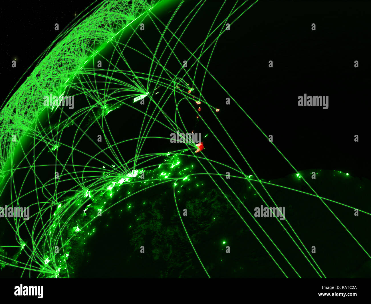Karibik auf dem Modell der Grüne Planet Erde mit internationalen Netzwerken. Konzept der grünen Kommunikation und Technologie. 3D-Darstellung. Elemente dieser Stockfoto