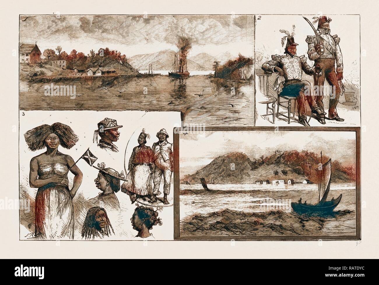 Die Schwierigkeit, Skizzen auf Madagaskar MAJUNGA BAY: 1. Nossi Bay, die französische Siedlung. 2. Der Gouverneur von majunga Neuerfundene Stockfoto