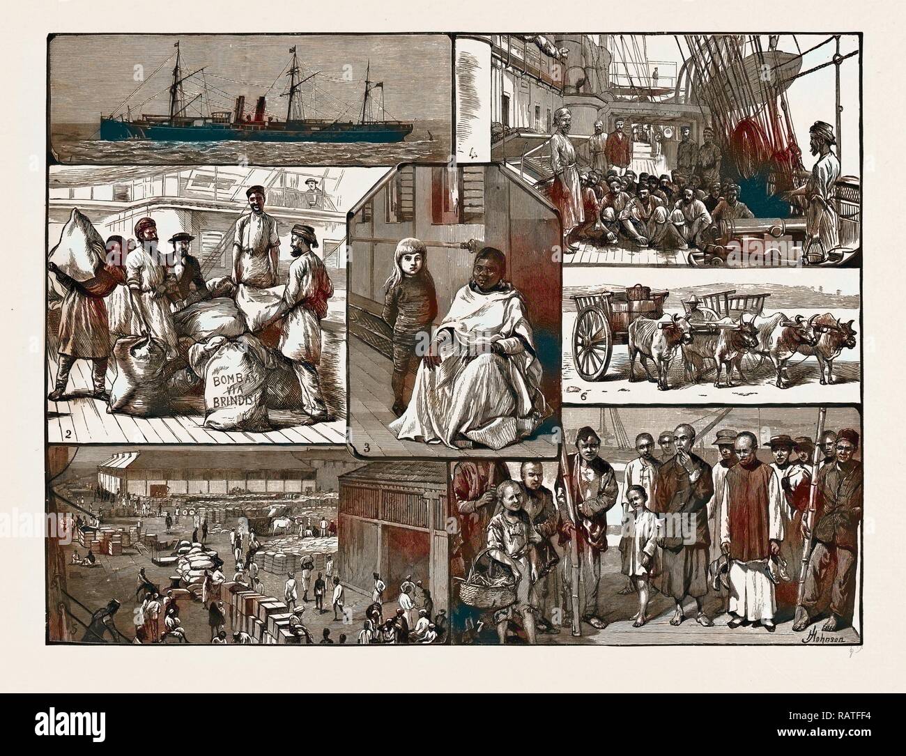 Nach BOMBAY UND CHINA AUF EINEM P&O. Dampfschiff, 1886: 1. Die "assilia'. 2. Sortieren der indischen Mails in das Rote Meer. 3. Eine neuerfundene Stockfoto