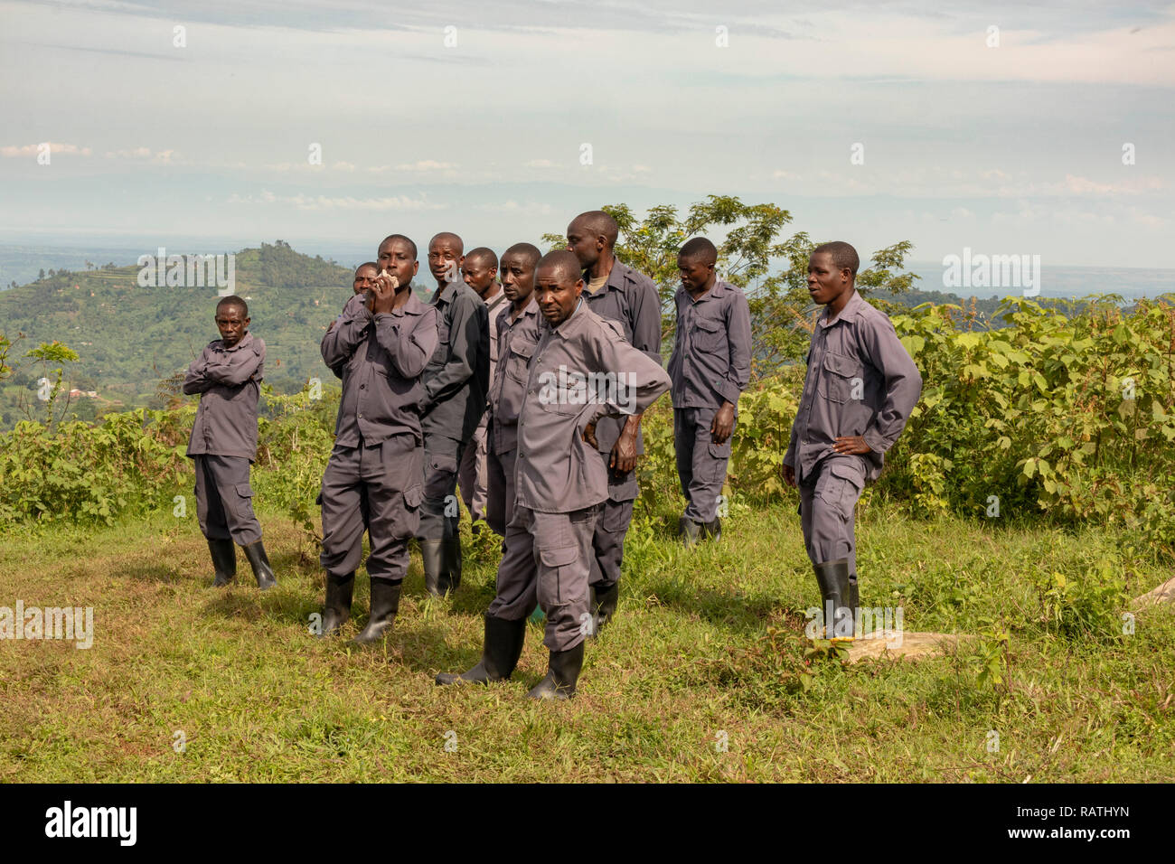 Torhüter warten angestellt zu werden Rucksäcke für Gorilla trek durchzuführen, Bwindi Impenetrable Forest, Bwindi, Uganda, Afrika Stockfoto