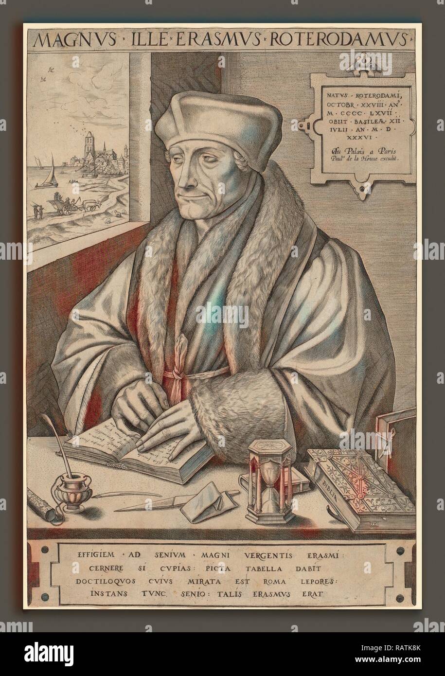 Frans Huys nach Hans Holbein der Jüngere (Flämische, 1522 - 1562), Erasmus von Rotterdam, Gravur. Neuerfundene Stockfoto