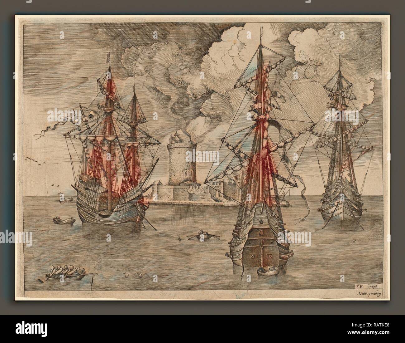 Frans Huys nach Pieter Brueghel der Ältere (Flämische, 1522 - 1562), Four-Master (Links) und zwei Three-Masters verankert Neuerfundene Stockfoto