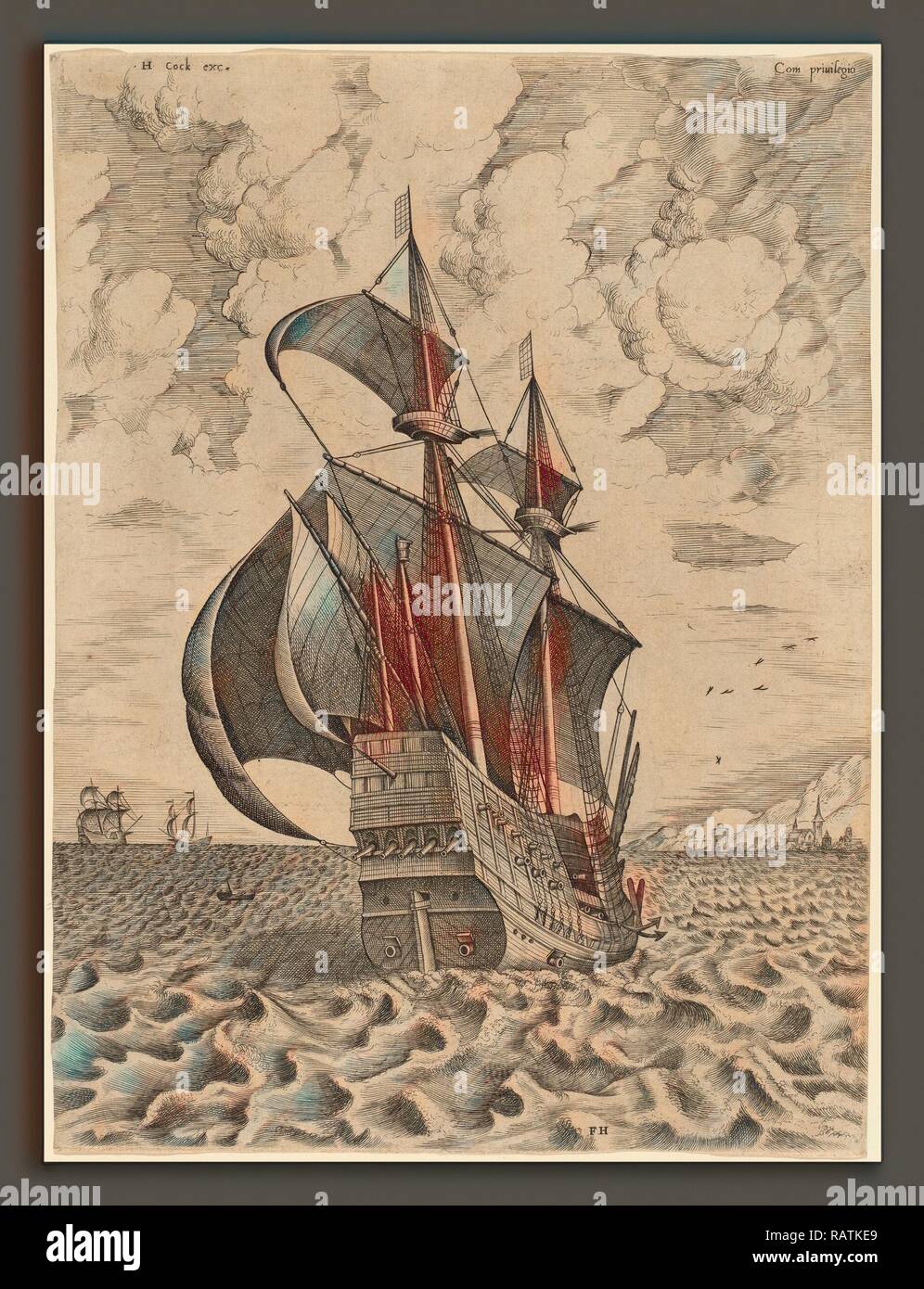 Frans Huys nach Pieter Brueghel der Ältere (Flämische, 1522 - 1562), der Bewaffneten Four-Master Segeln auf dem Weg zu einem Hafen, 1565 überarbeitet Stockfoto