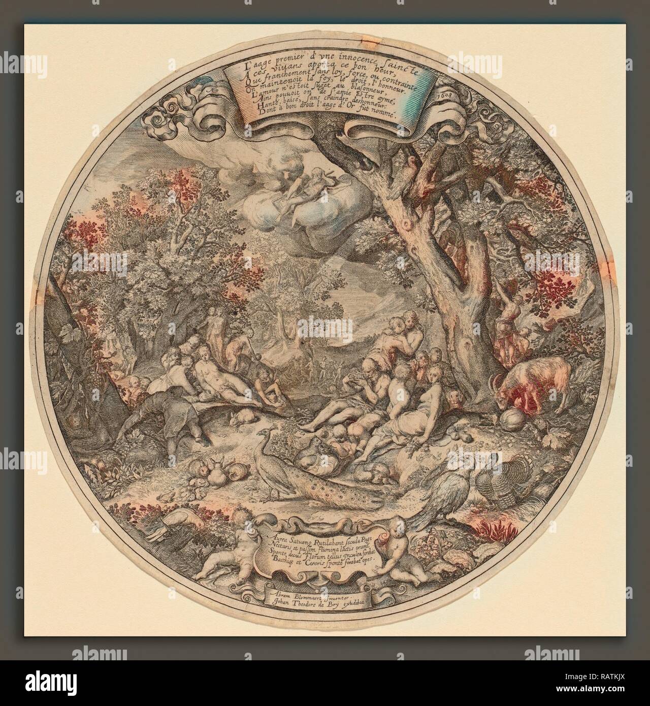 Jan Theodor de Bry nach Abraham Bloemaert nach Nicolaes de Bruyn (Flämisch, 1561-1623), Das Goldene Zeitalter, Gravur neuerfundene Stockfoto