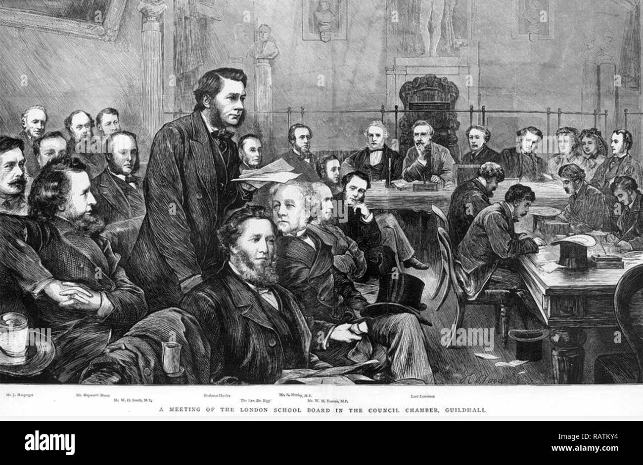 LONDON SCHOOL BOARD in der Sitzung über 1872 mit Thomas Henry Huxley Adressierung der mewmbers Stockfoto
