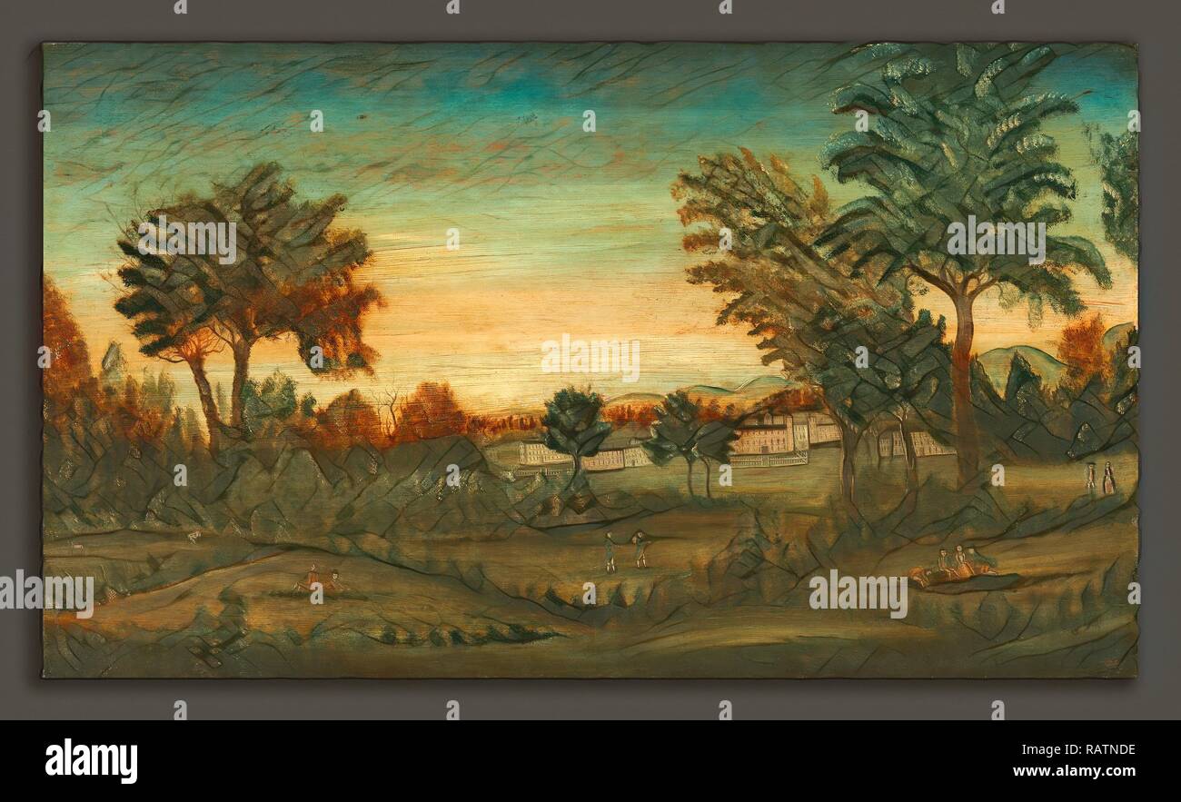 Amerikanische aus dem 18. Jahrhundert, Landschaft mit Gebäuden, im vierten Quartal aus dem 18. Jahrhundert, Öl auf Holz. Neuerfundene Stockfoto