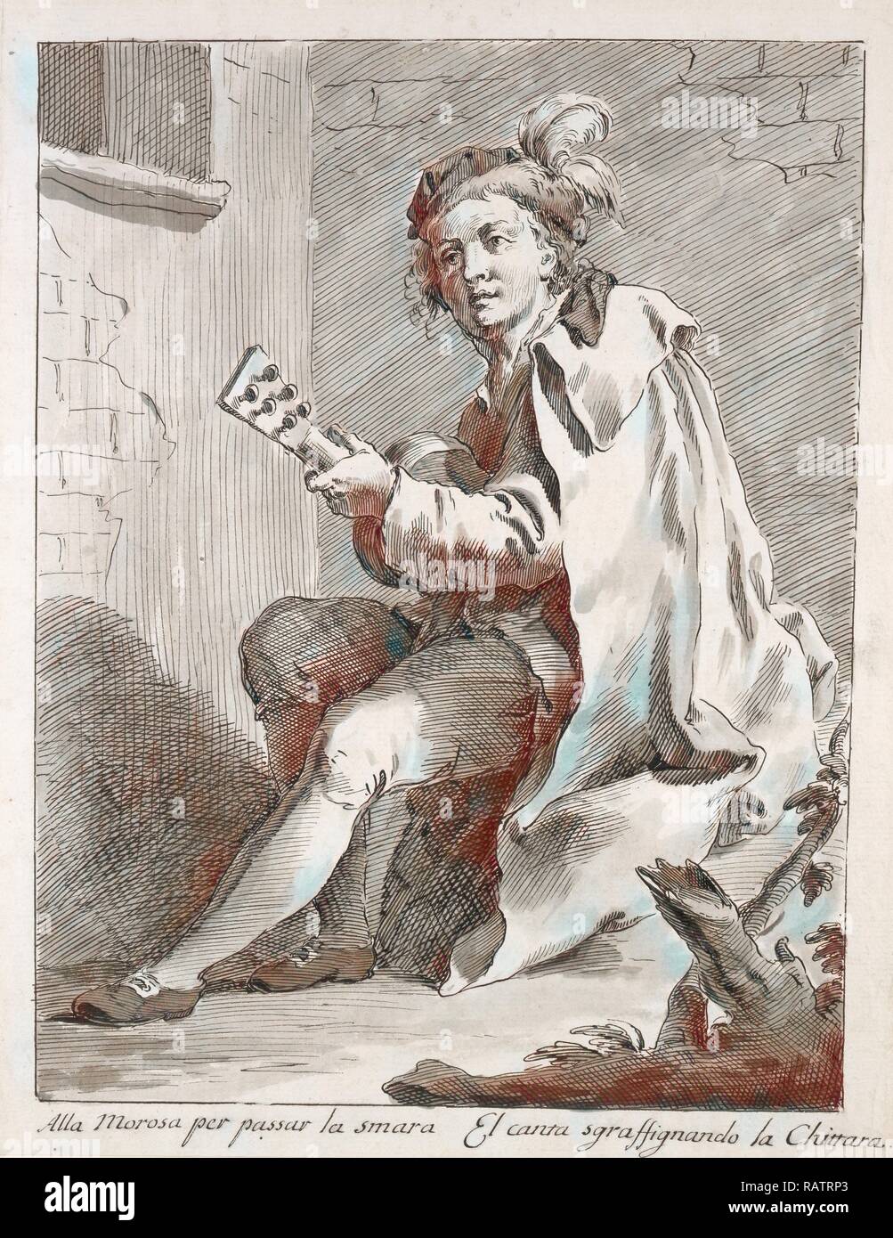 Sitzender Mann spielt eine Gitarre, Pietro Antonio Novelli, Italienisch, 1729 - 1804, über 1760, Pen und Grau, Pinsel mit Neuerfundene Stockfoto